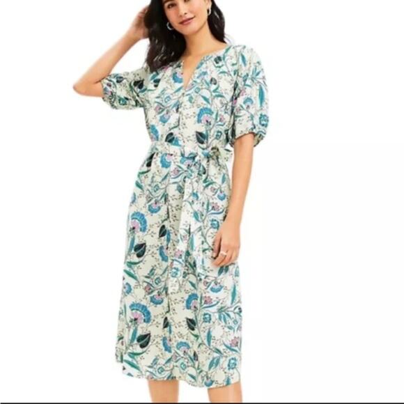 LOFT XXL Linen floral boho midi dress puff sleeve Cottagecore prairie - Picture 1 of 10